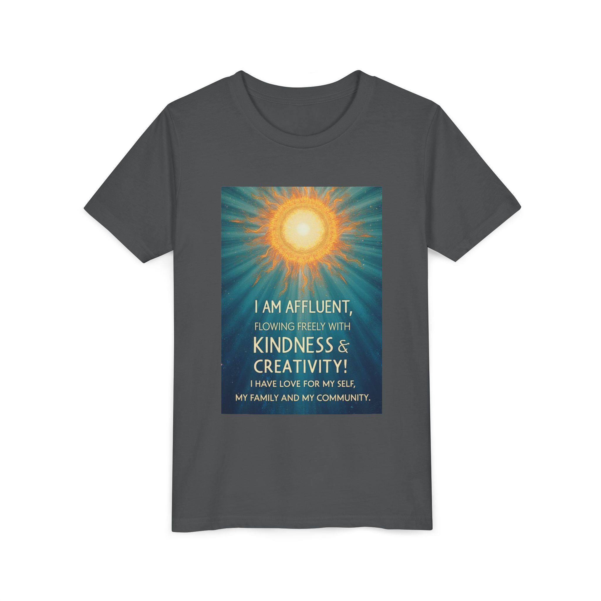 Copy of Affluent Kindness & Creativity Affirmation Youth Tee | Sunburst Positive Quote Shirt